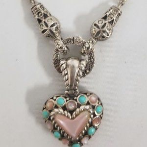 925 Pearl Marcasite Reversible Turquoise Pink Quartz Enhancer Pendant Necklace